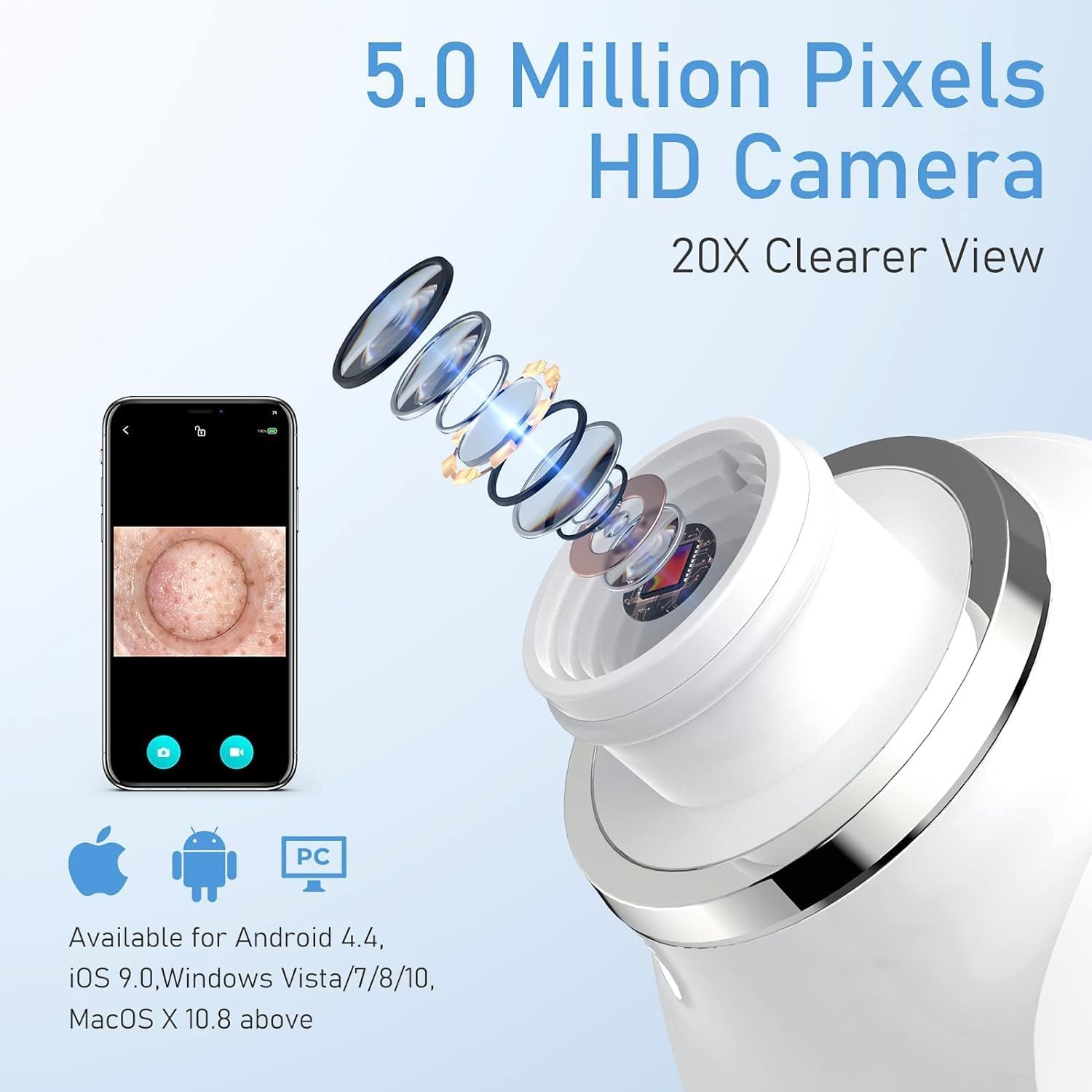 Blackhead Remover Vacuum, USB Interface Type Pore Vacuum, Black Head Extractions Tool with Camerafor, Men and Women Pore Cleaner, 3 Adjustment Modes & 6 Suction Heads(Light Pink) - Image 3