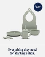 Lalo First Bites Silicone Baby Feeding Set - Baby Led Weaning Supplies - Non-Toxic Silicone - Includes 1 Bib, 2 Spoons, Training Cup, Suction Plate and Bowl - 6 Pieces - Sage - Image 4