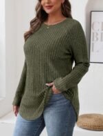 Saloogoe Long Sleeve Shirts for Women 2025 Fall Clothes Tunic Tops Loose Fit Dressy Crewneck Pullover Sweaters Curved Hem - Image 4