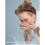 VELSCRUN Spa Headband, Makeup Face Wash Skincare Headbands, 5 Pcs Sponge Get Ready Bear Ears Hairband Facial Wristband Hair Clip Set, Stuff for Teen Girls Women Trendy Hair Accessories Dark Brown - Image 3