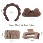 VELSCRUN Spa Headband, Makeup Face Wash Skincare Headbands, 5 Pcs Sponge Get Ready Bear Ears Hairband Facial Wristband Hair Clip Set, Stuff for Teen Girls Women Trendy Hair Accessories Dark Brown - Image 6