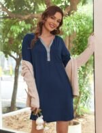 Ekouaer Women's Nightshirt Long Sleeve Button Down Nightgown V-Neck Sleepwear Casual Pajama Dress - Image 4