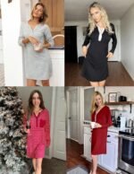 Ekouaer Women's Nightshirt Long Sleeve Button Down Nightgown V-Neck Sleepwear Casual Pajama Dress - Image 6