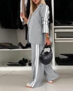 CHICME Womens Two Piece Outfits Striped Side Button Blazer and Pants with Pockets Sets Business Casual Pant Suits Set - Image 4
