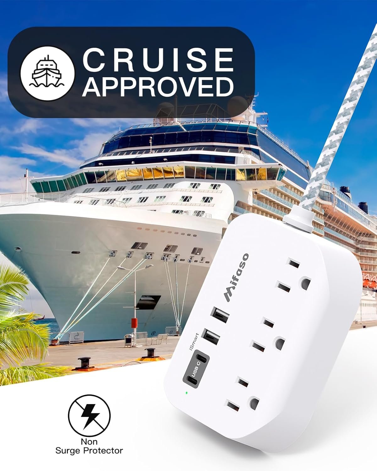 Cruise Ship Essentials - Mifaso Power Strip with USB Ports, 5Ft Flat Extension Cord with Multiple Outlets, USB Charging Station with Non Surge Protector for Cruise Ship, Travel, Dorm Room Essentials - Image 3