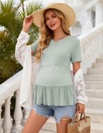 Ekouaer 3 Pack Women's Maternity Shirts Short Sleeve Ruffle Pregnancy Clothes Blouse Peplum Babydoll Tops Casual Mama Tee - Image 4