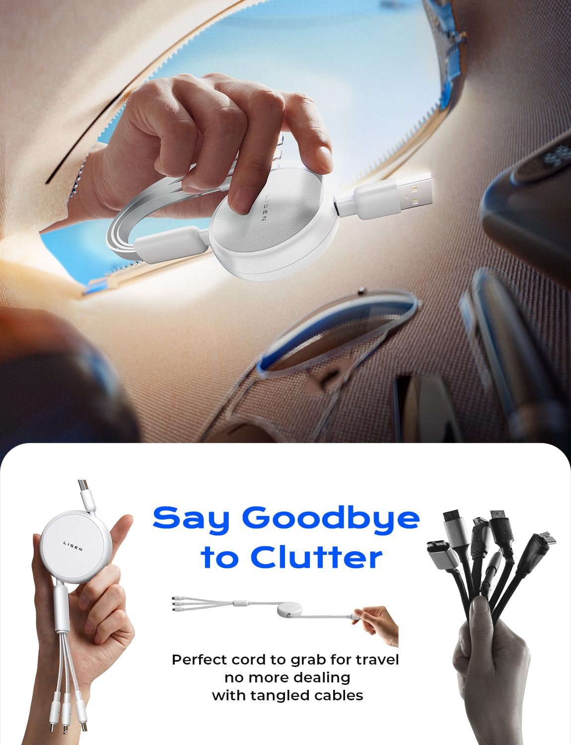 LISEN Multi Charging Cable, 3 in 1 Charging Cable, Retractable Car Charger with Type C/L/Micro USB Ports for iPhone 16 15 14 Pro Max/Samsung Galaxy S25/PS/Kindle, Multi Chargers for All Devices, White - Image 3