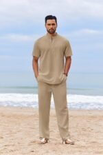 COOFANDY Men's 2 Piece Cotton Sets Casual Short Sleeve Henley Shirts and Beach Pants with Pockets Summer Vacation Outfits - Image 3