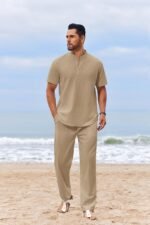 COOFANDY Men's 2 Piece Cotton Sets Casual Short Sleeve Henley Shirts and Beach Pants with Pockets Summer Vacation Outfits - Image 4