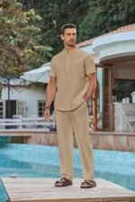 COOFANDY Men's 2 Piece Cotton Sets Casual Short Sleeve Henley Shirts and Beach Pants with Pockets Summer Vacation Outfits - Image 5