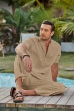 COOFANDY Men's 2 Piece Cotton Sets Casual Short Sleeve Henley Shirts and Beach Pants with Pockets Summer Vacation Outfits - Image 6