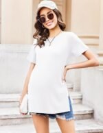 Ekouaer Women's Maternity Shirts Short Sleeve Pregnancy Tops Blouses Split Side Casual Crewneck Pregnant Tunic Tee - Image 4