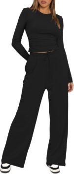 Darong Women's 2 Piece Lounge Sets 2026 Long Sleeve Tops and Wide Leg Pants Set Matching Travel Airport Outfit - Image 4