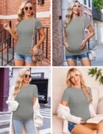 Ekouaer Maternity Shirts Womens 3 Packs Short Sleeve Ribbed Pregnancy Tops Side Ruched Crew Neck Tunic Mama Clothes S-XXL - Image 5