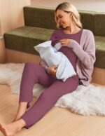 Ekouaer 3 Piece Maternity Pajamas Set Postpartum Nursing Short Sleeve Breastfeeding Sleepwear Pregnancy Shorts & Pants Pjs - Image 4