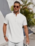 COOFANDY Men's Henley Shirt Short Sleeve Stand Collar Summer Casual Beach Hippie T-Shirts - Image 3