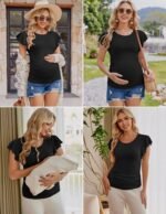 Ekouaer Women's Maternity Shirts 3 Packs Flying Short Sleeve Pregnancy Tops Side Ruched Tunic Blouse Mama Clothes S-XXL - Image 4