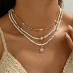 Shell Starfish Necklace for Women, 14k Gold Plated Boho Layered Beaded Charm Pendant Necklace, Dainty Adjustable Pearl Conch Summer Beach Vacation Jewelry Gifts - Image 3