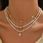Shell Starfish Necklace for Women, 14k Gold Plated Boho Layered Beaded Charm Pendant Necklace, Dainty Adjustable Pearl Conch Summer Beach Vacation Jewelry Gifts - Image 4