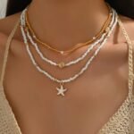Shell Starfish Necklace for Women, 14k Gold Plated Boho Layered Beaded Charm Pendant Necklace, Dainty Adjustable Pearl Conch Summer Beach Vacation Jewelry Gifts - Image 5