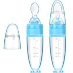2 Pieces Silicone Baby Spoons Baby Feeding Spoon with Standing Base for Infant 0-24 Months Dispensing and Feeding (Blue) - Image 2