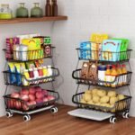 3-Tier Rolling Pantry Floor Organizer, Stackable Pantry Storage Cart with Wheels, Metal Wire Pantry Baskets, Kitchen Fruit Basket Stand, Vegetable Storage Rack for Fruits Snacks Onions Potatoes,1 Pack - Image 2