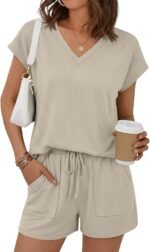 AUTOMET Women 2 Piece V Neck Matching Lounge Sets Clothing Spring Cap Sleeve Shirt and Shorts 2026 Summer Airport Outfit - Image 2