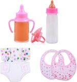 Baby Doll Accessories Set – 7 Pcs Feeding and Caring Set with Magic Disappearing Bottles, Pacifier, Diapers and Bibs Doll Pretend Play Gift for Kids - Image 2