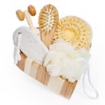 Bella Ciao 6-Piece Body and Skincare Set, Women’s Spa Gift Basket with Face Massage Roller, Hair Brush, Exfoliating Tools and Wooden Tray, Self Care Bath Accessories - Image 2