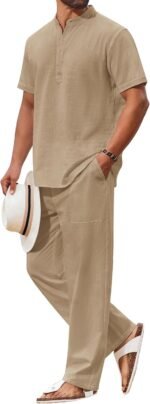 COOFANDY Men's 2 Piece Cotton Sets Casual Short Sleeve Henley Shirts and Beach Pants with Pockets Summer Vacation Outfits - Image 2