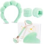 CUBACO Spa Headband and Wristband Set for Women with Ice Jade Roller and Gua Sha, Skin Care Set Tools Puffy Makeup Headband Teen Girl Gifts Trendy Stuff Hair Accessories for Women - Image 2