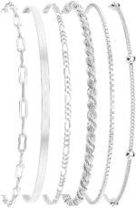 DEARMAY Dainty Silver Plated Bracelets for Women Trendy, Silver Jewelry Set for Women Bracelets for Women Paperclip Box Herringbone Figaro Rope Chain Bracelet Fashion Pack Gifts for Women - Image 2