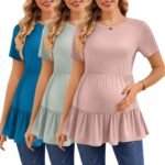 Ekouaer 3 Pack Women's Maternity Shirts Short Sleeve Ruffle Pregnancy Clothes Blouse Peplum Babydoll Tops Casual Mama Tee - Image 2
