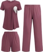 Ekouaer 3 Piece Maternity Pajamas Set Postpartum Nursing Short Sleeve Breastfeeding Sleepwear Pregnancy Shorts & Pants Pjs - Image 2