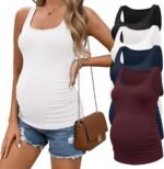 Ekouaer 4 Pack Maternity Tank Tops Ribbed Summer Pregnancy Shirts Ruch Side Tops Casual Square Neck Postpartum Clothes S-2XL - Image 2