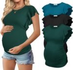 Ekouaer Women's Maternity Shirts 3 Packs Flying Short Sleeve Pregnancy Tops Side Ruched Tunic Blouse Mama Clothes S-XXL - Image 2