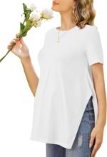 Ekouaer Women's Maternity Shirts Short Sleeve Pregnancy Tops Blouses Split Side Casual Crewneck Pregnant Tunic Tee - Image 2