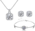 Hadskiss Silver Cubic Zirconia Earrings and Pendant Necklace Link Bracelet Set for Women 14K White Gold Plated Square Wedding Jewelry Sets for Bride Bridesmaid - Image 2