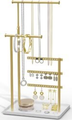 Jewelry Holder Organizer Stand - Adjustable Tall 17.5" (Max), Sturdy Jewelry Hanger for Necklaces, Earrings, Bracelets, Rings, Jewlery Display and Storage, Gold and White, Metal - Image 2