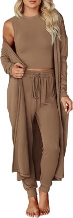 KIRUNDO 3 Piece Lounge Sets for Women Airport Travel Vacation Outfits Spring Cardigan Matching Sleeveless Top Jogger Pants - Image 2