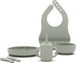 Lalo First Bites Silicone Baby Feeding Set - Baby Led Weaning Supplies - Non-Toxic Silicone - Includes 1 Bib, 2 Spoons, Training Cup, Suction Plate and Bowl - 6 Pieces - Sage - Image 2