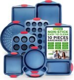 NutriChef 10-Piece Nonstick Bakeware Set - Premium Carbon Steel Baking Pans w/Silicone Handles - Includes Pizza Tray with Holes, 12 & 24 Cup Muffin Pans, Cookie Sheets, Round, Square & Loaf Pan - Blue - Image 2