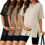 Riyiper 4 Pack Women's Maternity T Shirts, Short Sleeve Split Side Pregnancy Tee Loose Casual Crewneck Maternity Clothes - Image 2
