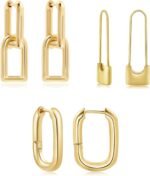 SLOONG 3 Pairs 14k Gold Plated Ball U Shape Pin Y2K Style Chunky Earring Link Chain Chunky Circle Hoop Earrings Paperclip Link Chain Jewelry Drop Dangle Earrings set for women - Image 2