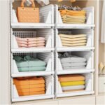 SNSLXH 5 Pack Stackable Closet Storage Basket, Multifunctional & Foldable Closet Organizer for Bathroom Kitchen Laundry Room Wardrobe Storage, Space-Saving Clothes Storage Drawer Organizer, White - Image 2