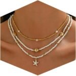Shell Starfish Necklace for Women, 14k Gold Plated Boho Layered Beaded Charm Pendant Necklace, Dainty Adjustable Pearl Conch Summer Beach Vacation Jewelry Gifts - Image 2