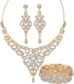 Silver Gold Plated Wedding Jewelry Sets Bridal Necklace Rhinestone Earrings Bracelets - Image 2