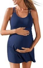 Summer Mae Ribbed Maternity One Piece Swimsuit Dress Wrap Bathing Suit with Built-in Pocket Short Swimwear Tie Knot Skirt - Image 2