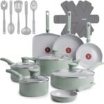 T-Fal Refresh Ceramic Nonstick Cookware Set, 20-Piece, Oven Safe to 350°F, Stockpot, Ceramic Pots and Pans Set, Frying Pans, Griddle, Utensils, Mint Green - Image 2