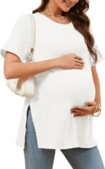 Tankaneo Womens Maternity T Shirts Summer Ribbed Short Sleeve Tunic Tops Textured Side Split Tee Pregnancy Clothes - Image 2